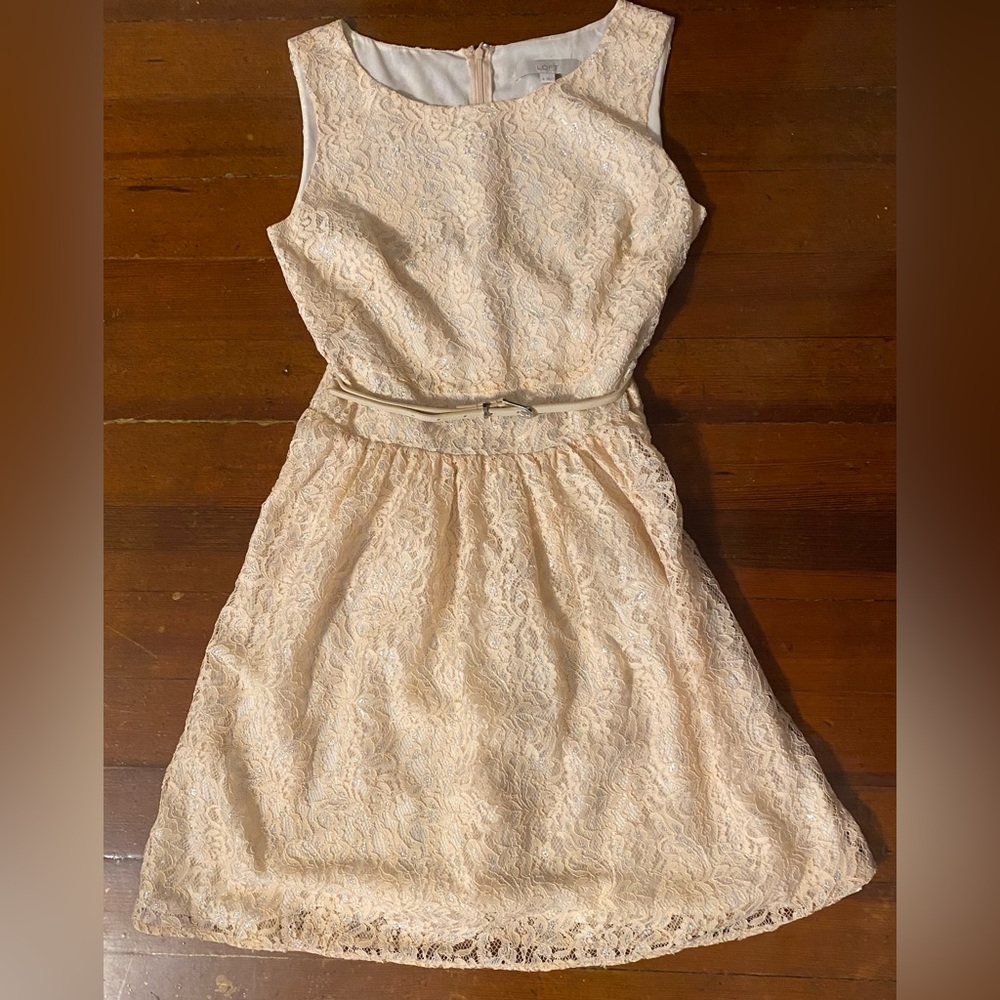 Creamy peach cocktail dress, lace over satin with belt